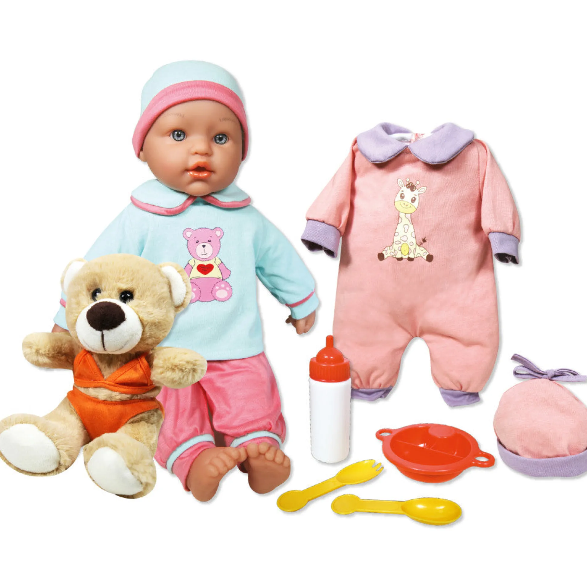 Flat River Group Lissi 15 inch Baby Doll Billie with Little Bear - Blue & Pink, Ideal for Kids Age 2+* Baby Dolls|Stuffed Animals & Plush Toys