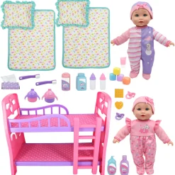 Flat River Group Little Darlings 12" - Twin Dolls Bedtime Fun Set 29pc - Pink, Purple, Green - Playset for Kids Ages 2+* Stuffed Animals & Plush Toys|Social & Emotional Skills