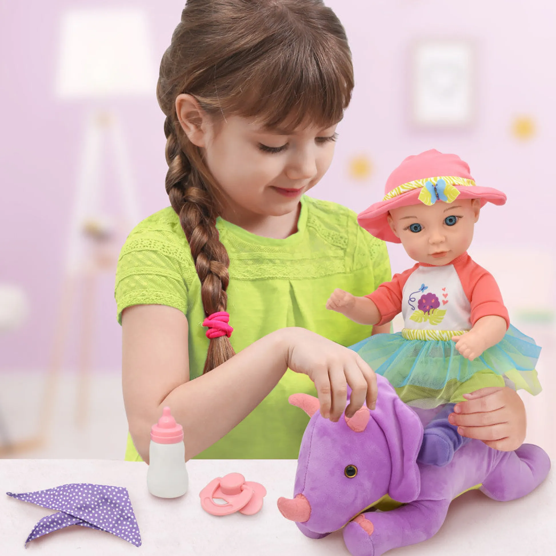 Flat River Group Little Darlings: Hop On Baby & Plush Dino - 15" Baby Doll with Dinosaur Friend* Baby Dolls|Stuffed Animals & Plush Toys