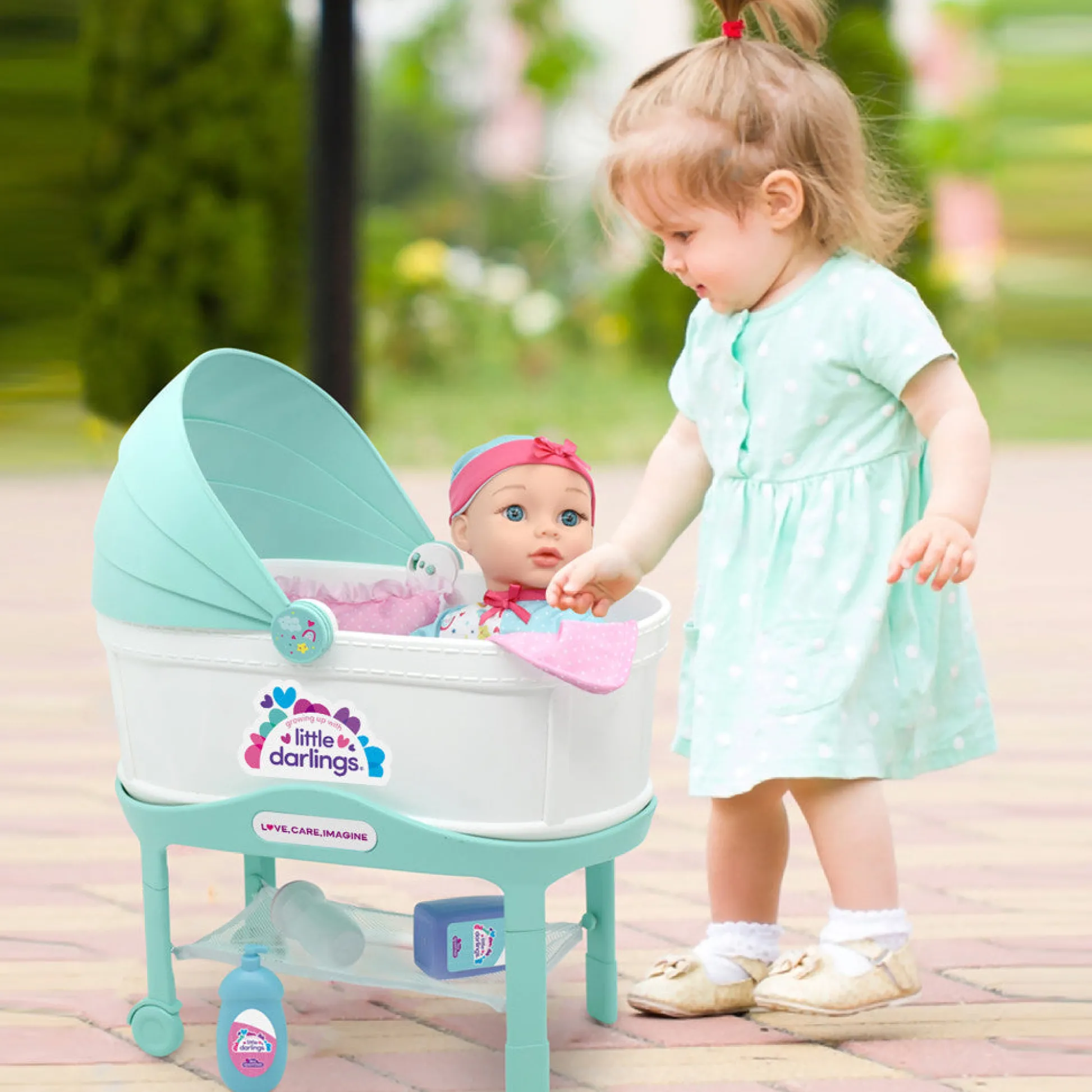 Flat River Group Little Darlings 12-Inch Bassinet Baby Doll Set - Teal, Pink, Stars* Baby Dolls|Stuffed Animals & Plush Toys