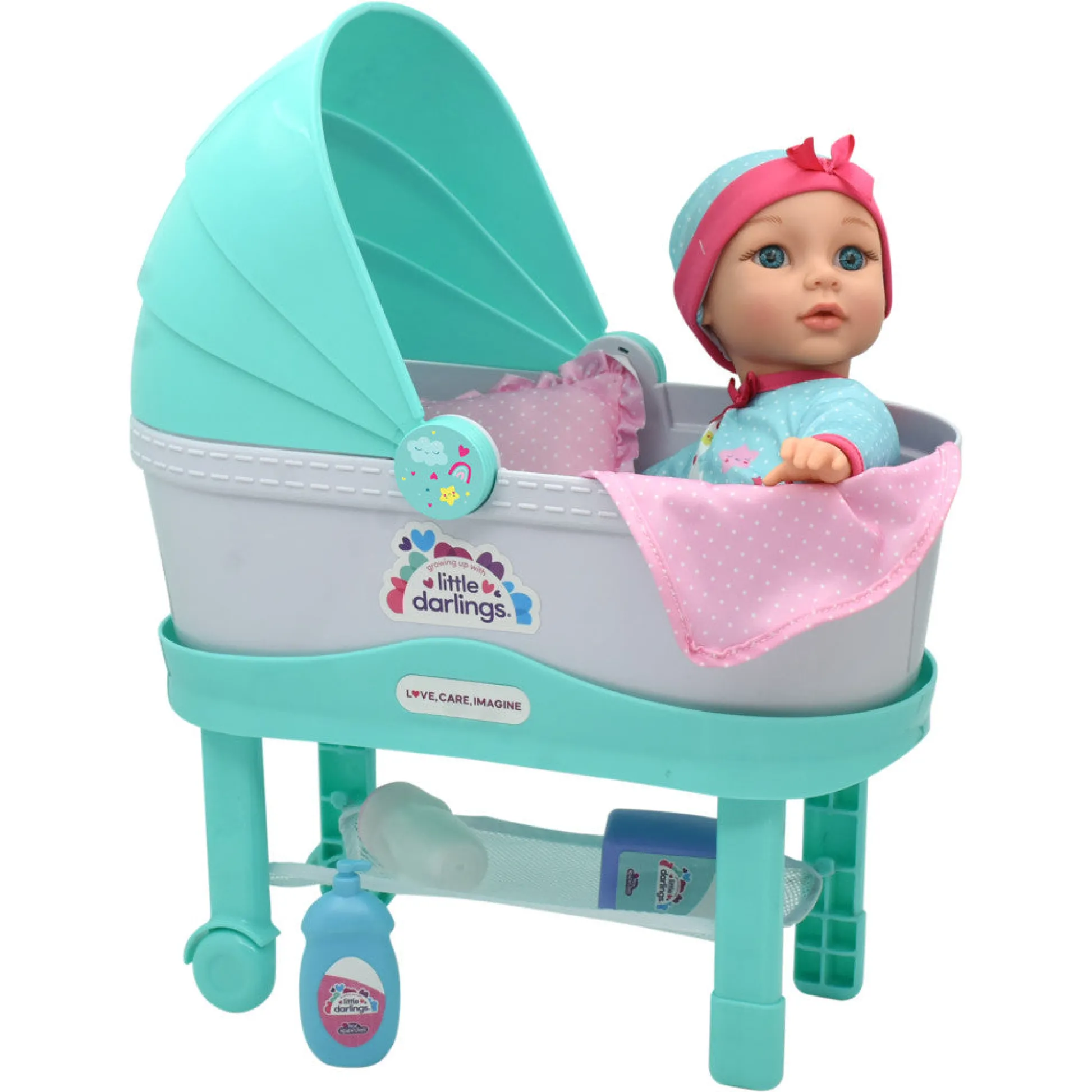 Flat River Group Little Darlings 12-Inch Bassinet Baby Doll Set - Teal, Pink, Stars* Baby Dolls|Stuffed Animals & Plush Toys