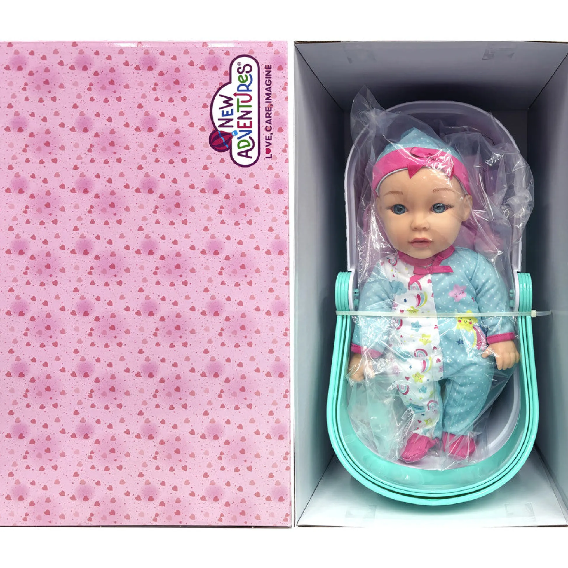 Flat River Group Little Darlings 12-Inch Bassinet Baby Doll Set - Teal, Pink, Stars* Baby Dolls|Stuffed Animals & Plush Toys