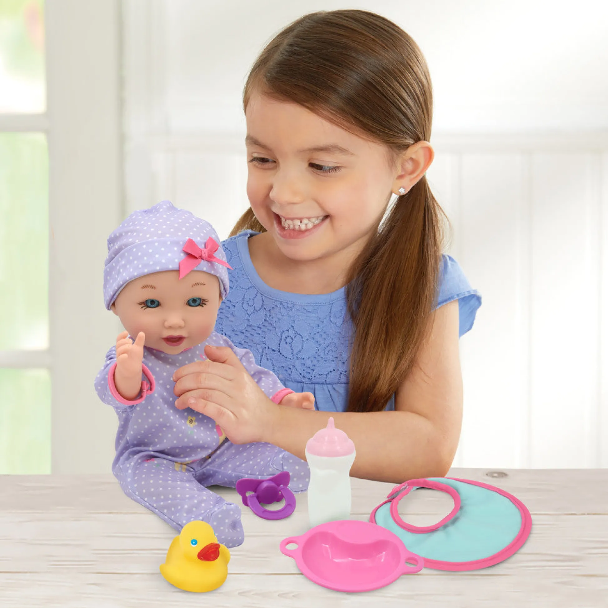 Flat River Group Little Darlings 12-inch Talking Playtime Doll - Purple and Pink with Giraffe Accents* Social & Emotional Skills|Interactive Dolls & Pets