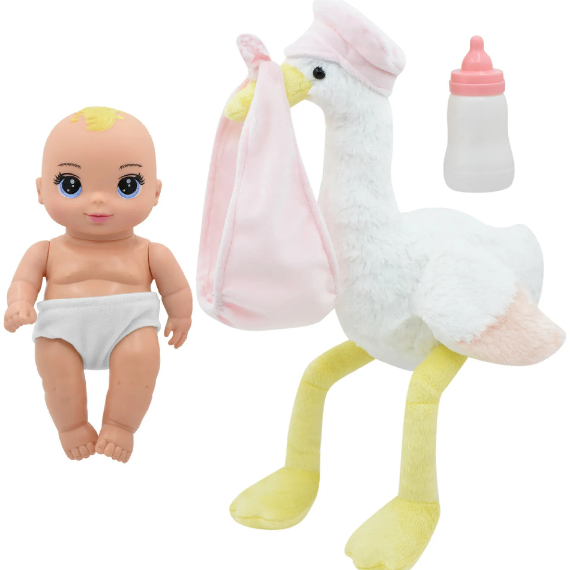 Flat River Group Magic Nursery 8-inch Special Delivery Set - Posable Newborn Baby Doll with Plush Stork, Pink* Baby Dolls|Stuffed Animals & Plush Toys