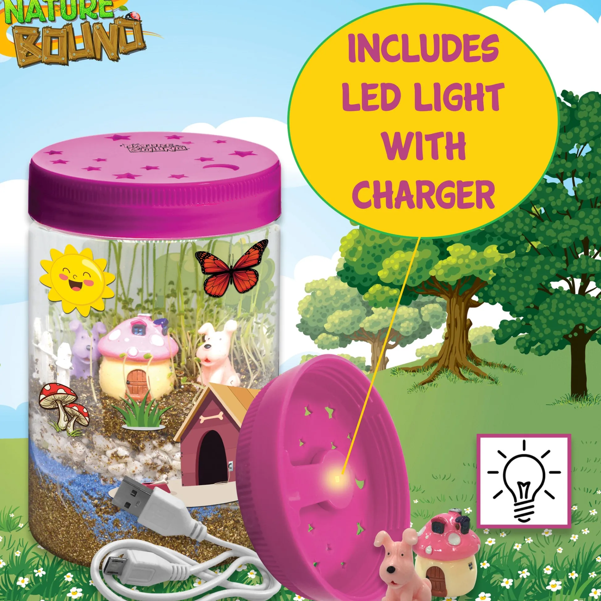 Flat River Group Nature Bound Light-Up Terrarium Kit – Pink Mini Garden Jar with LED for Kids 5+* Science Toys
