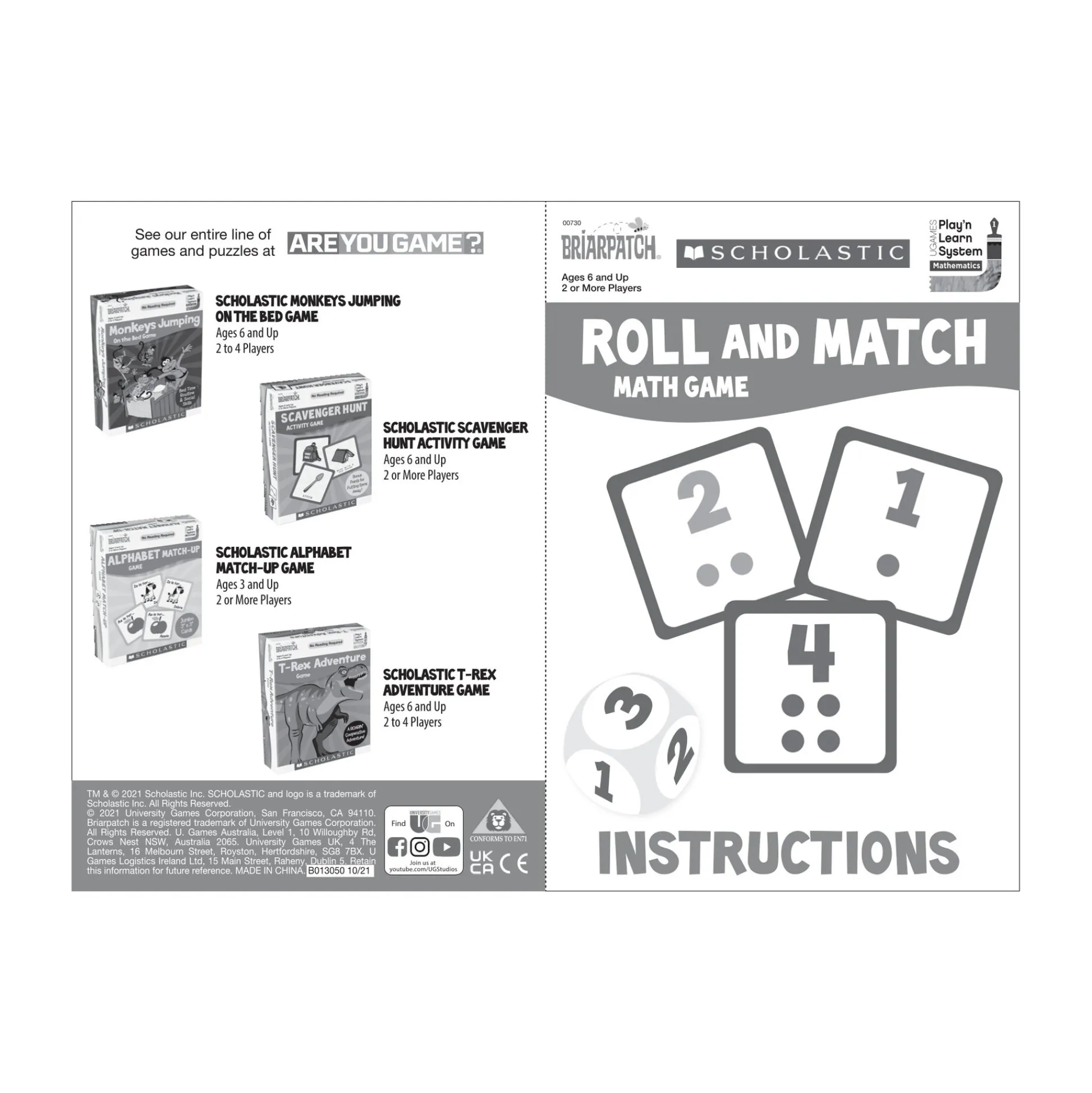 AreYouGame Scholastic Roll and Match Math Game - Dice and Number Fun* Dice, Roll & Write Games