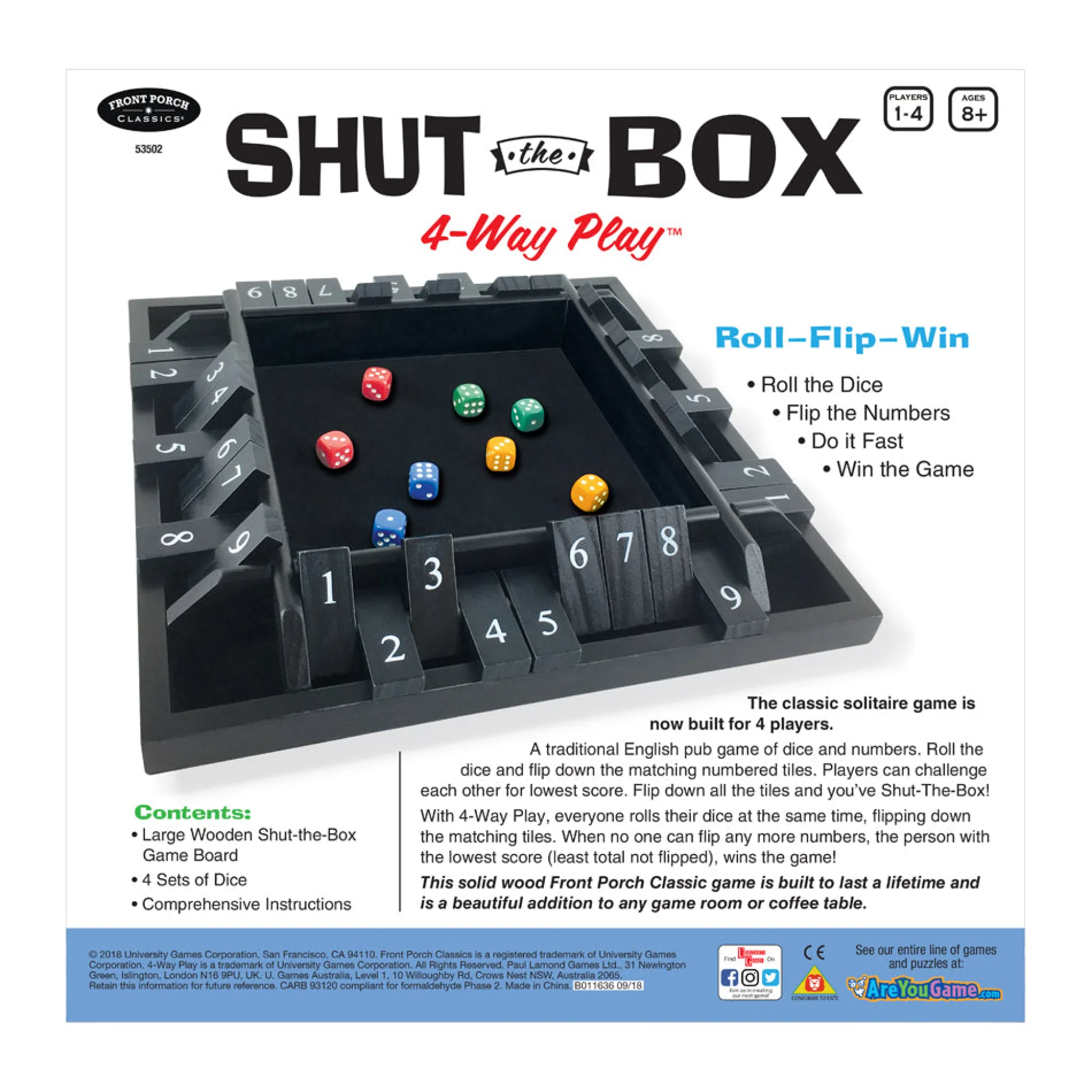 AreYouGame Shut the Box 4-Way Play Classic Wooden Board Game* Board Games|Role-Playing Games