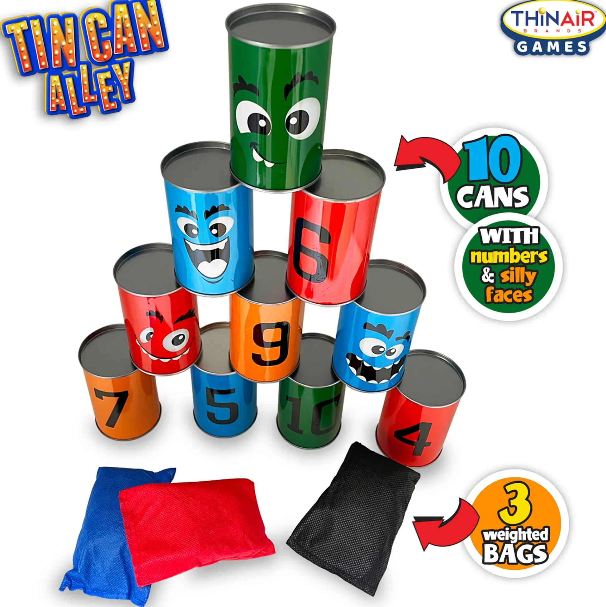 Flat River Group Thin Air Games Tin Can Alley Bean Bag Toss - Carnival Game Set with 10 Emoji Cans and 3 Bags* Family & Entertainments Games