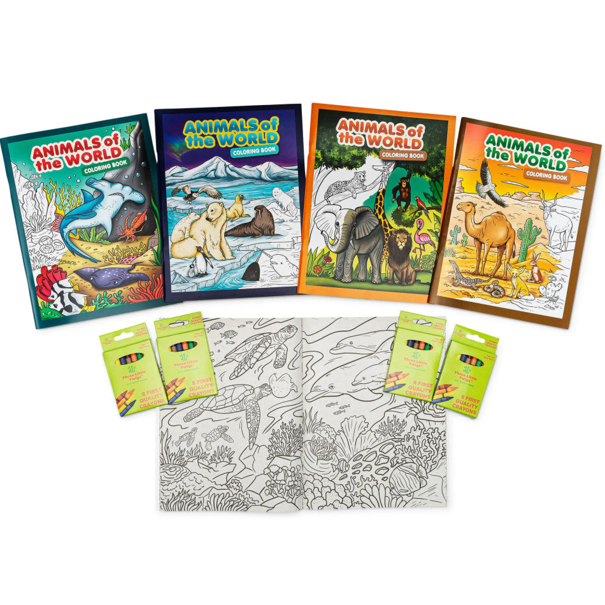 Flat River Group Three Little Twigs Animals of the World Coloring Book Set - 16pc Bundle*Kids Kids Books|Boxed Book Sets