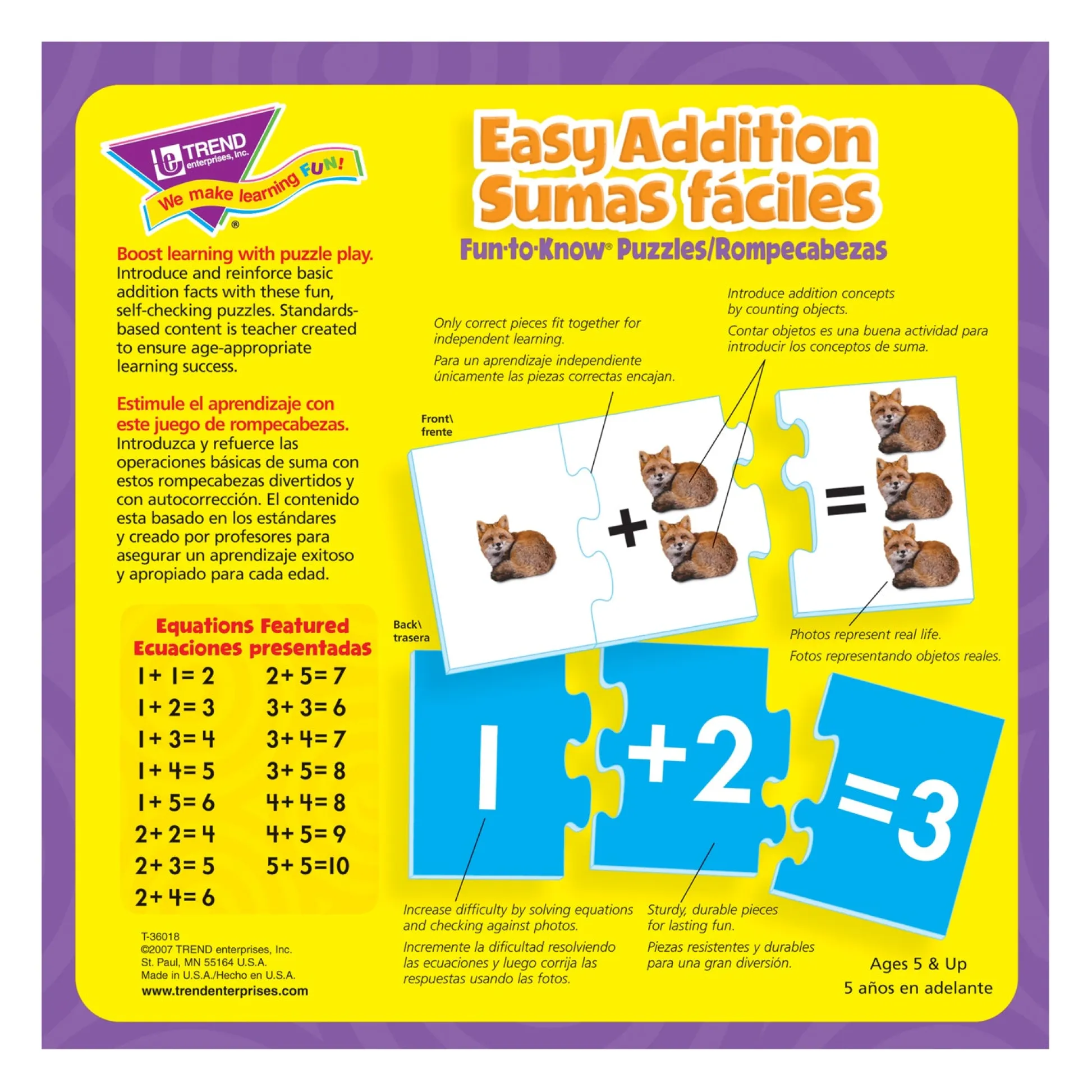 Educators Resource TREND Easy Addition Fun-to-Know Puzzles - Bilingual Learning Set - Pack of 2* Puzzles